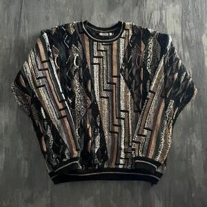 Vintage Geometric Sweater Mens 2XL Black 1990s Striped Argyle 3D Chunky MEGALOS